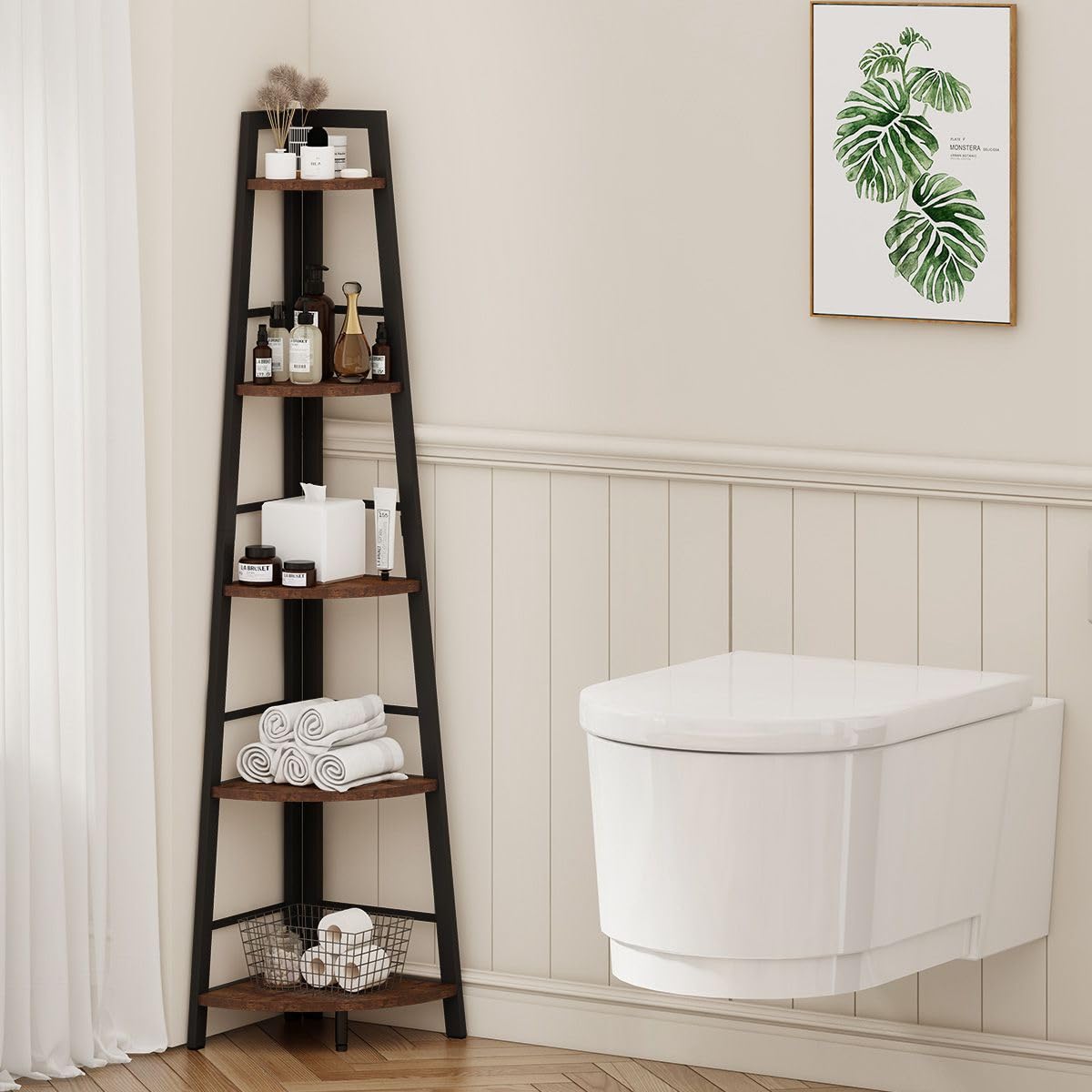 5-Tier Black Metal Wood Corner Bookshelf X3240