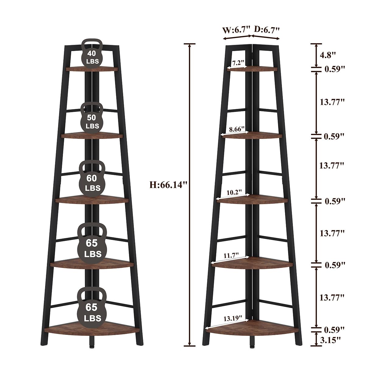 5-Tier Black Metal Wood Corner Bookshelf X3240