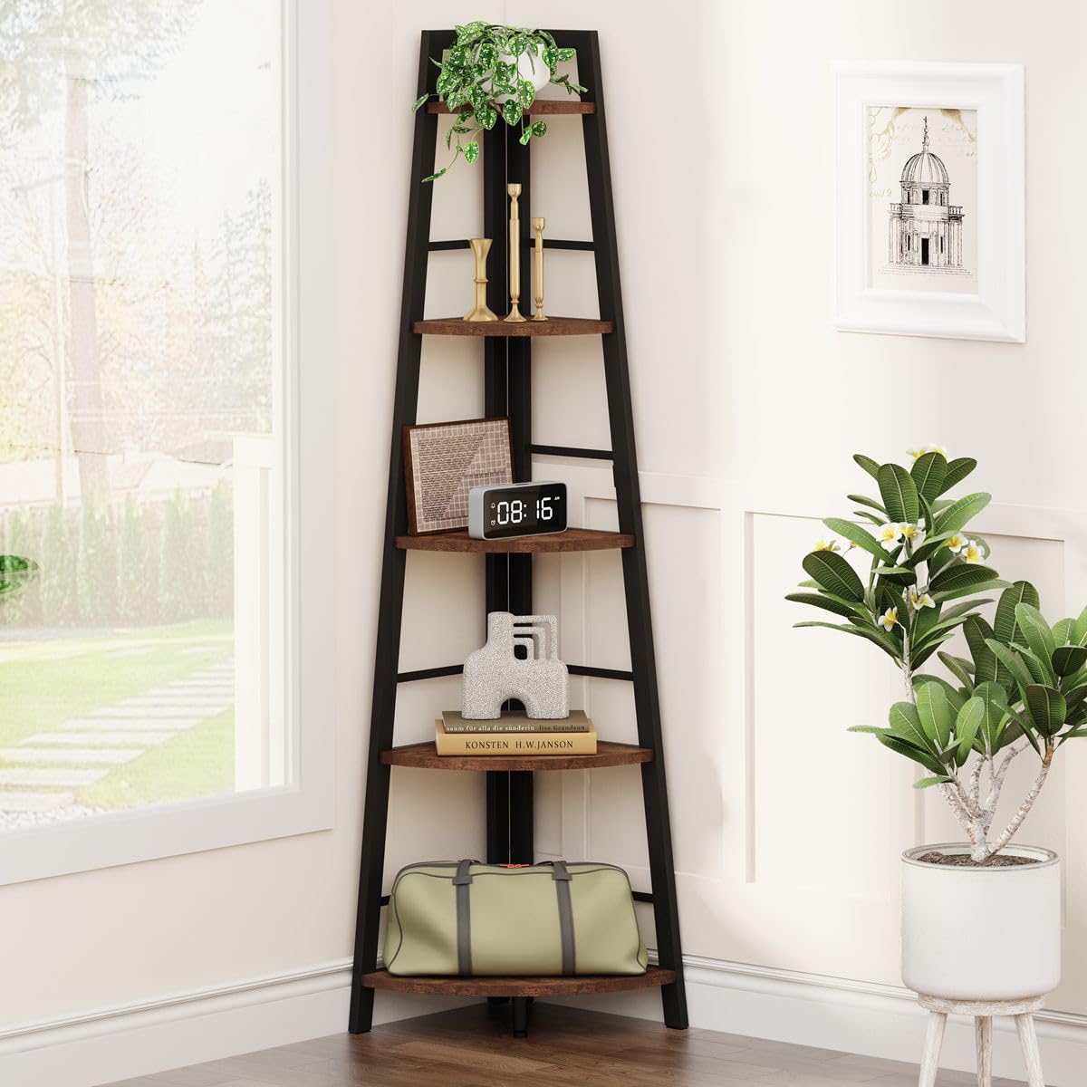 5-Tier Black Metal Wood Corner Bookshelf X3240
