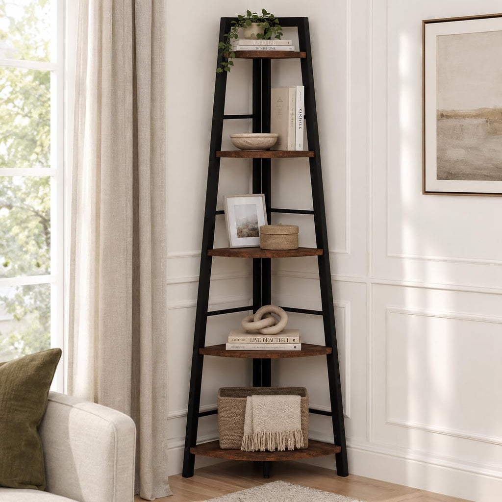 5-Tier Black Metal Wood Corner Bookshelf X3240