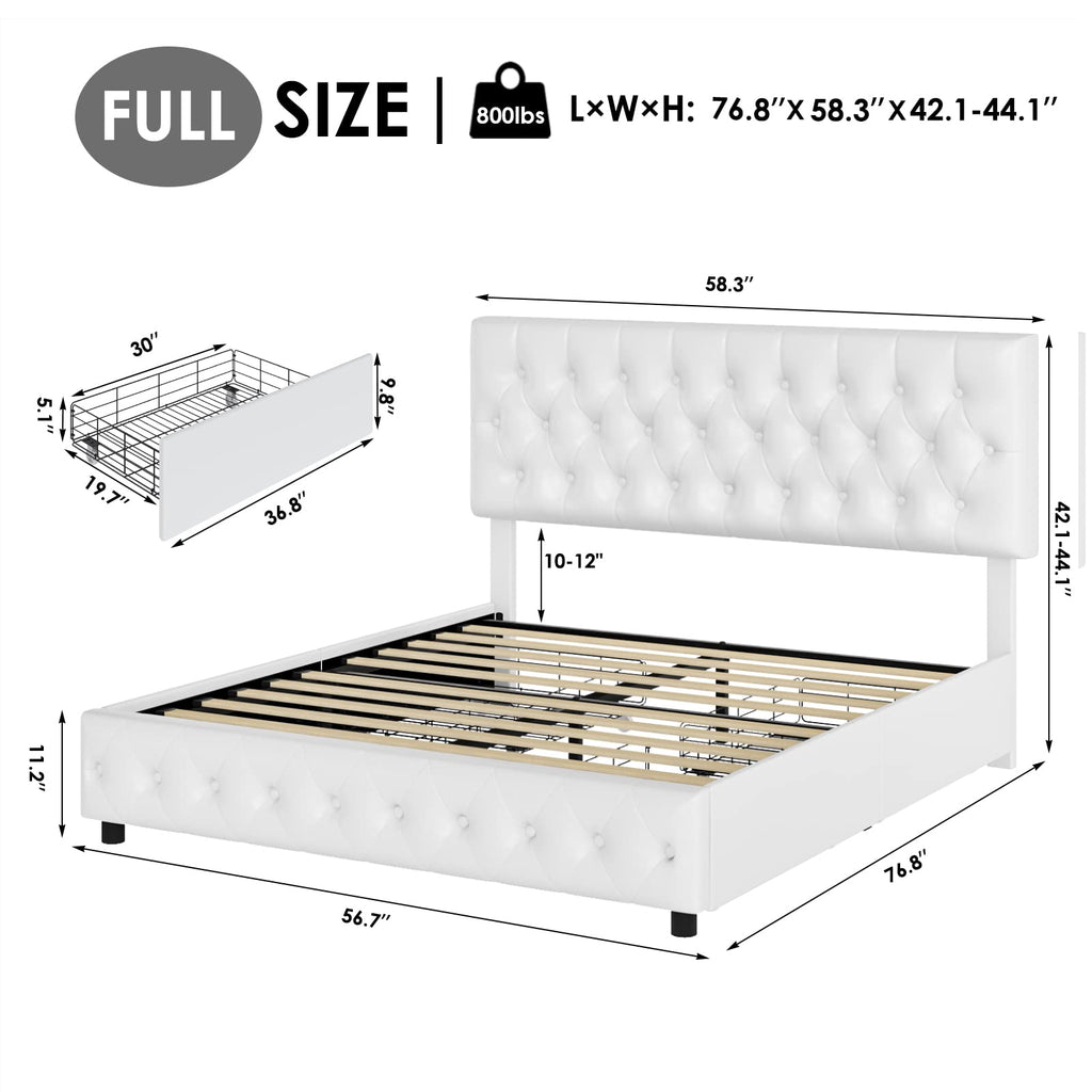 Full Size White Faux Leather Upholstered Platform Bed Frame with 4 Storage Drawers A9940