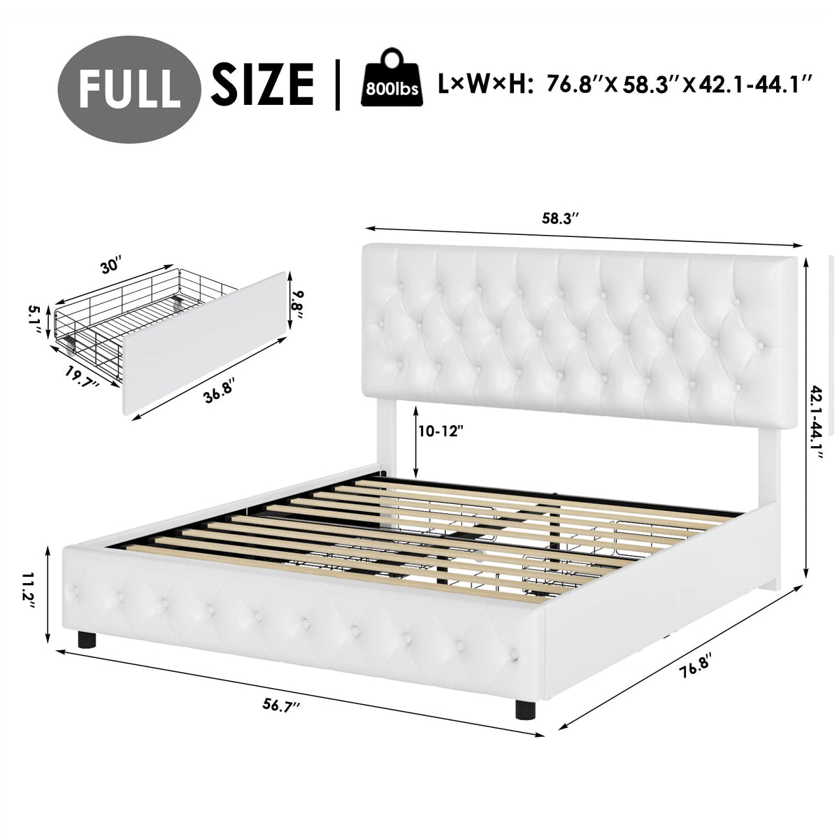 Full Size White Faux Leather Upholstered Platform Bed Frame with 4 Storage Drawers A9940