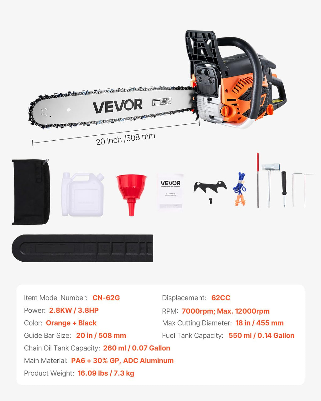 20 Inch 62CC Gas Powered Chainsaw W3908