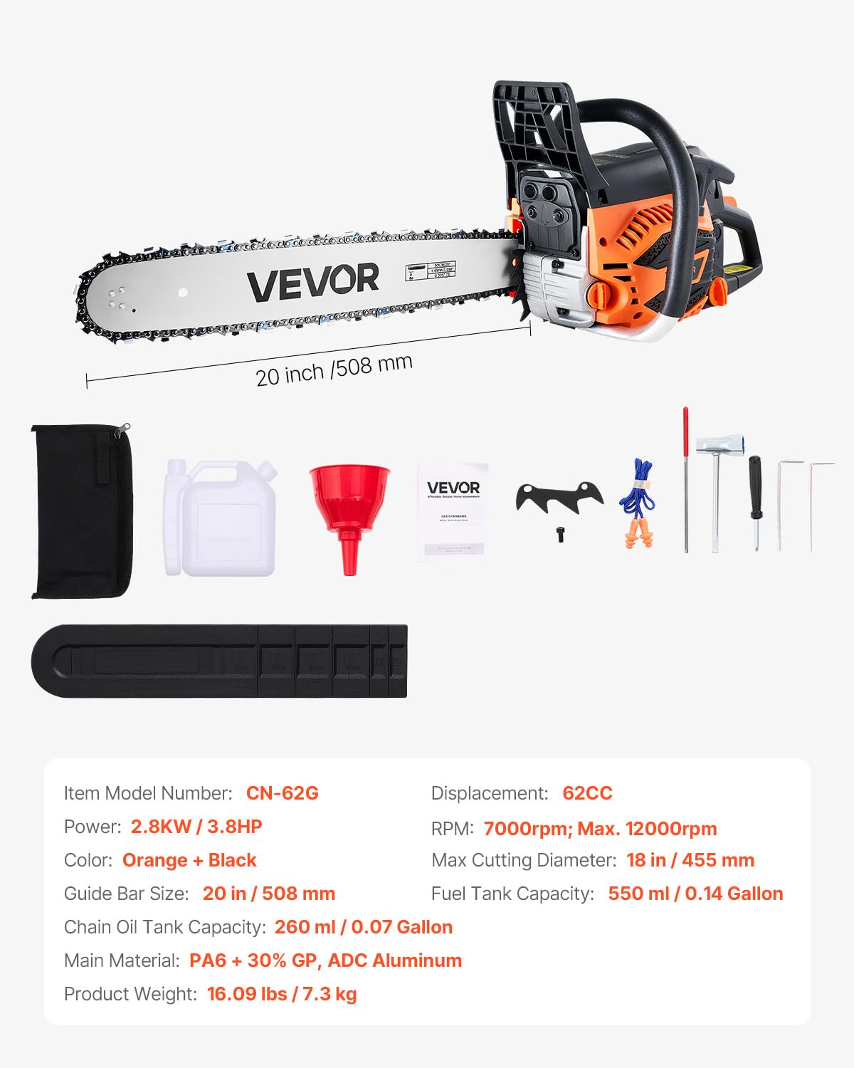 20 Inch 62CC Gas Powered Chainsaw W3908