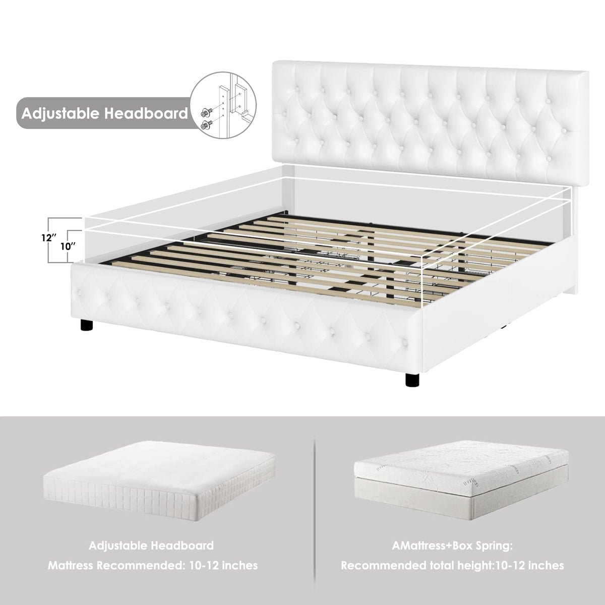Full Size White Faux Leather Upholstered Platform Bed Frame with 4 Storage Drawers A9940
