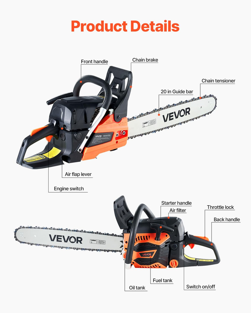 20 Inch 62CC Gas Powered Chainsaw W3908