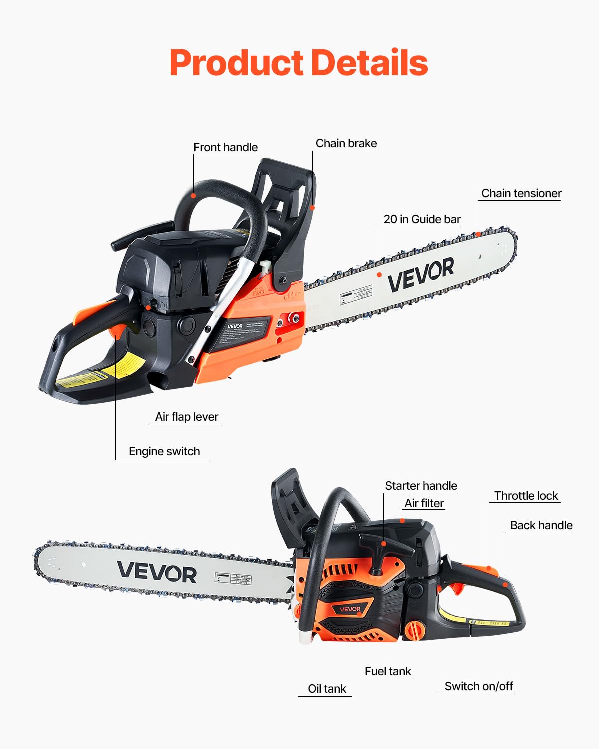 20 Inch 62CC Gas Powered Chainsaw W3908