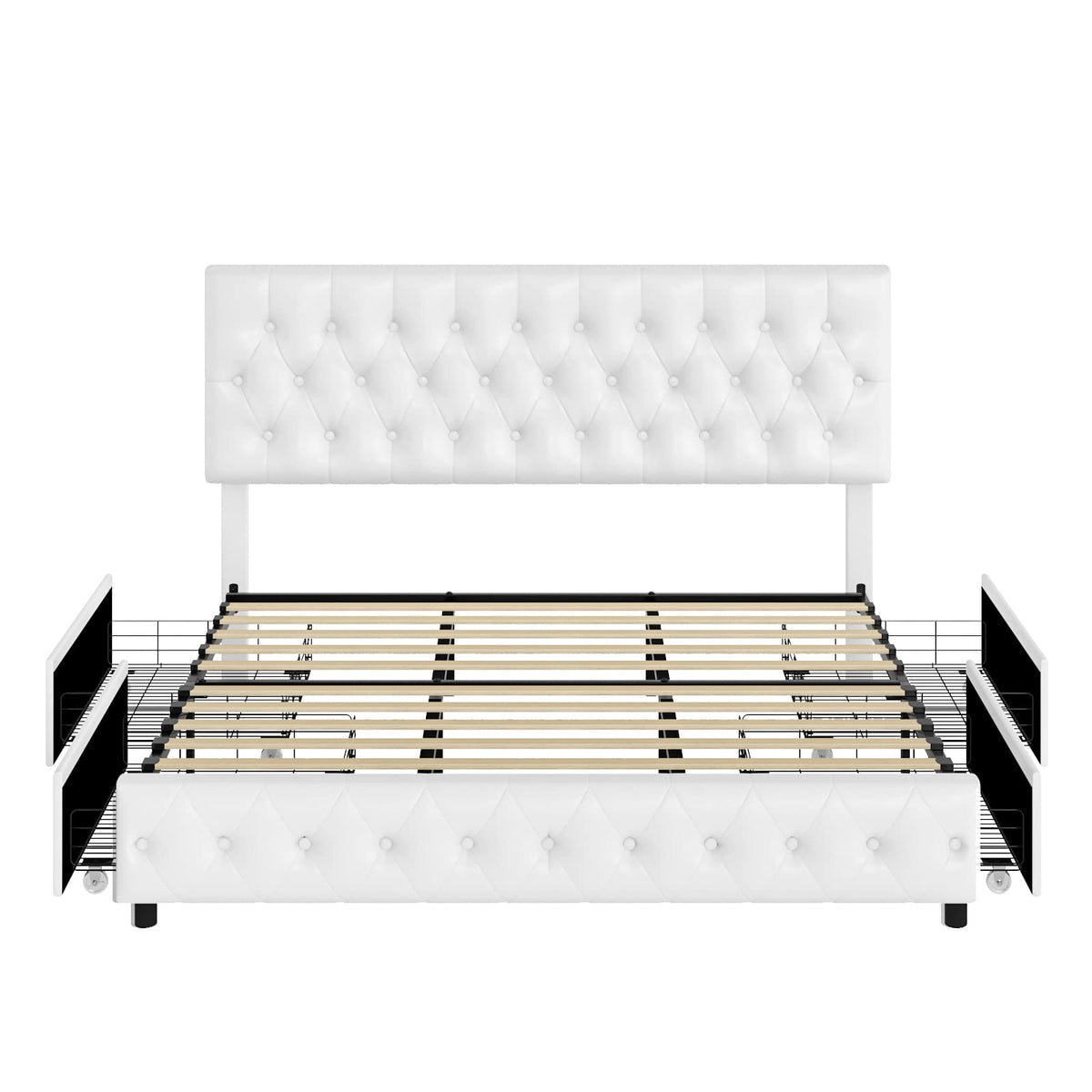 Full Size White Faux Leather Upholstered Platform Bed Frame with 4 Storage Drawers A9940