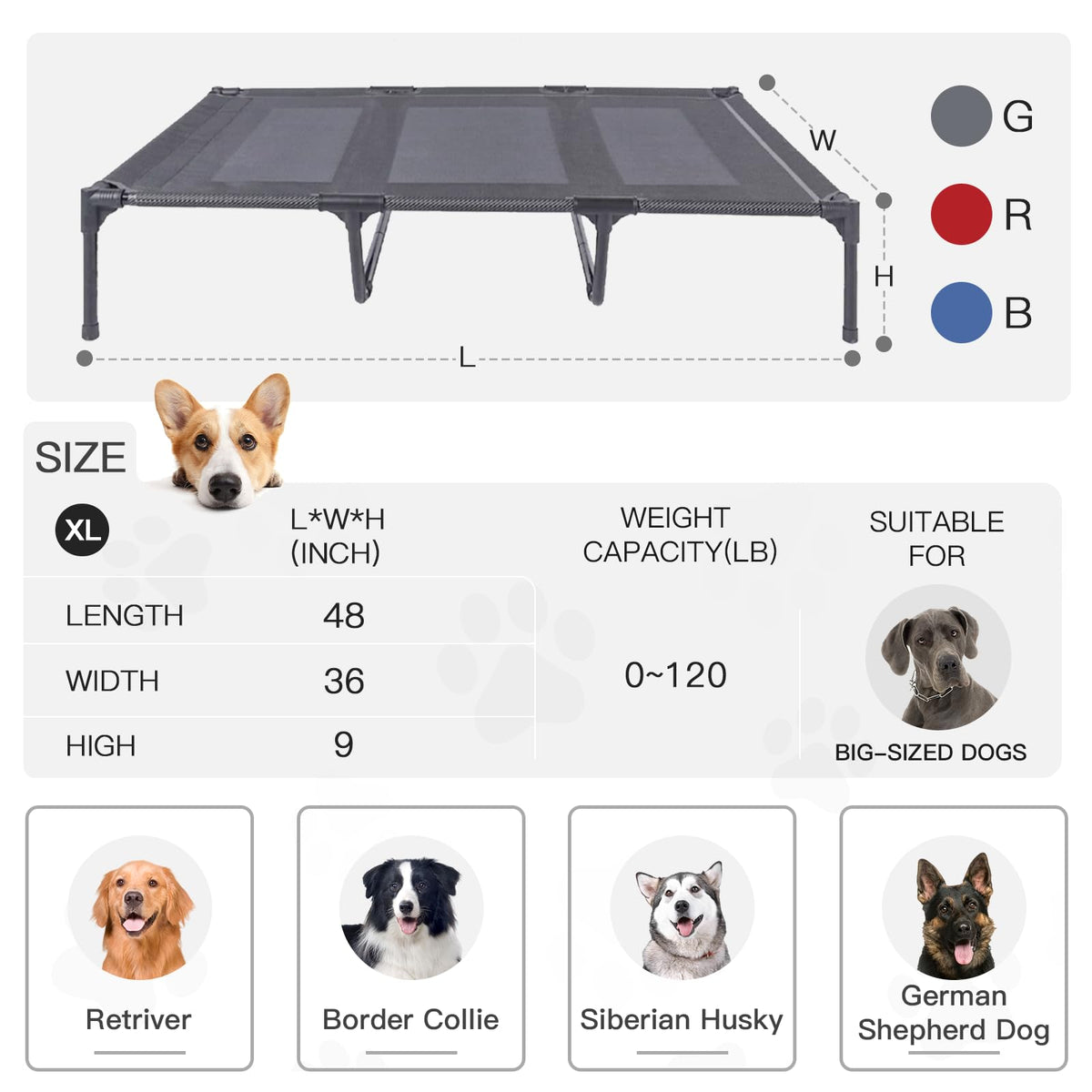 Elevated Dog Bed with Metal Frame, X-Large Grey K826289