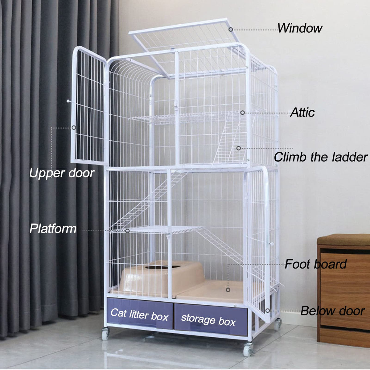 Heavy Duty Metal Cat Cage Dog Crate with Four Wheels Q600389