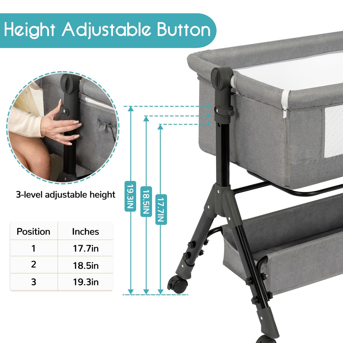 3 in 1 Adjustable Baby Bassinet with Wheels and Storage Basket C553