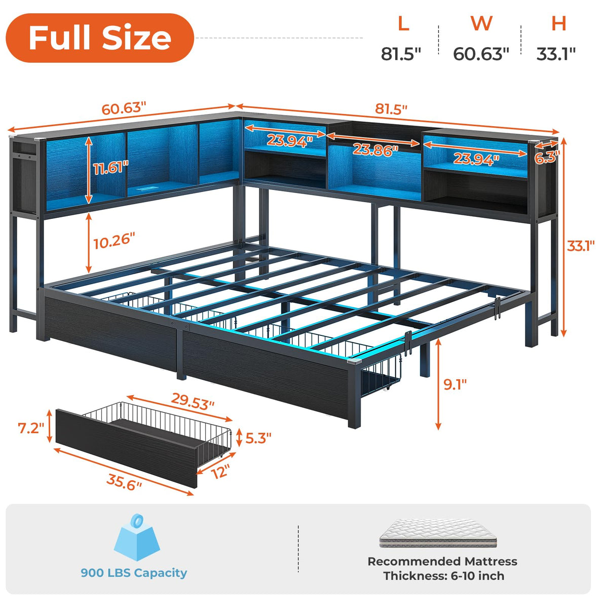 Full Corner Bed Frame with Storage Bookcase and 2 Drawers, Black J78206