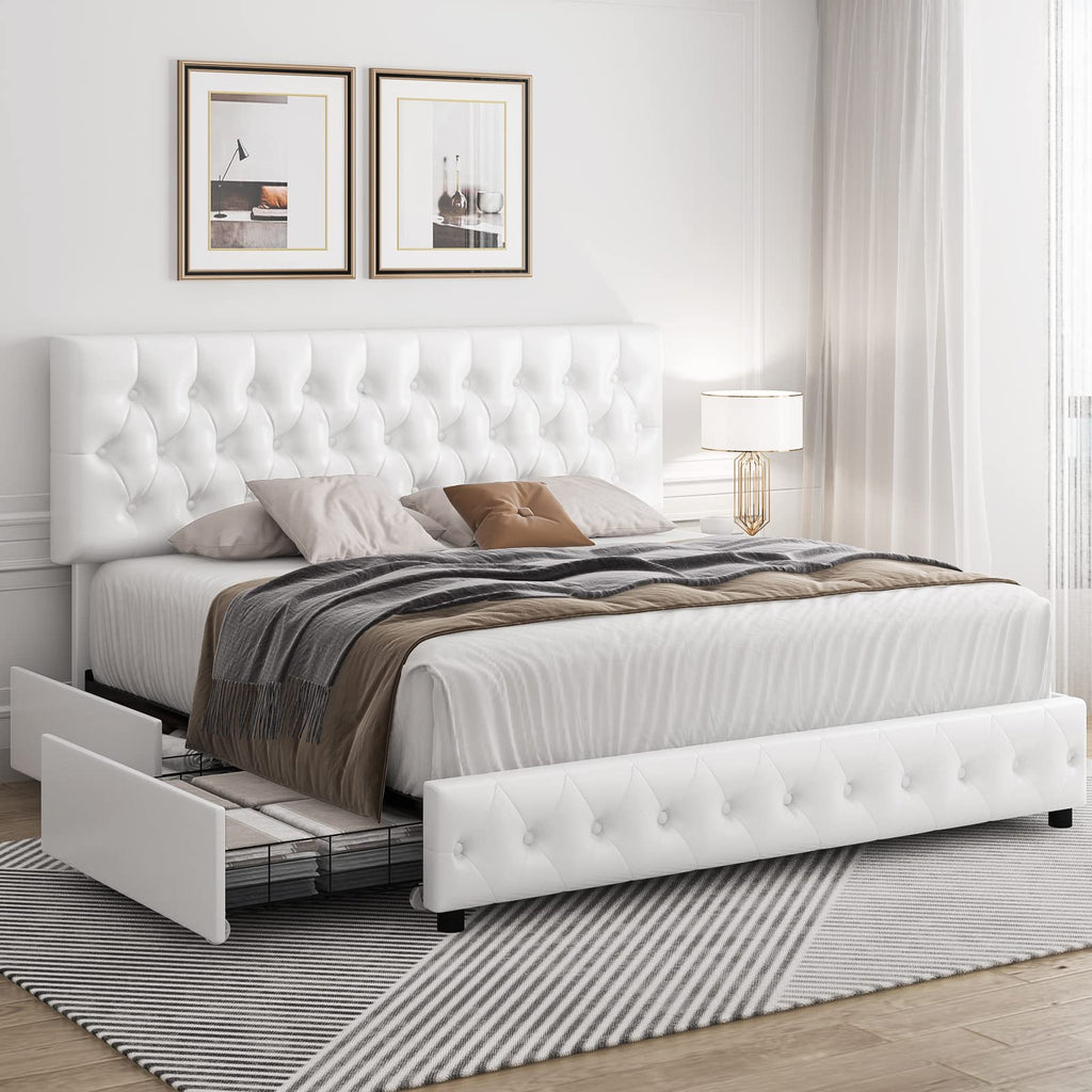 Full Size White Faux Leather Upholstered Platform Bed Frame with 4 Storage Drawers A9940