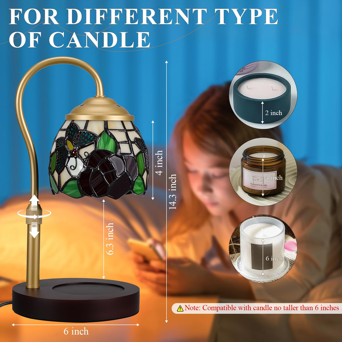 Candle Warmer Lamp with Timer Dimmer, Stained Glass, 2 Bulbs Y47350
