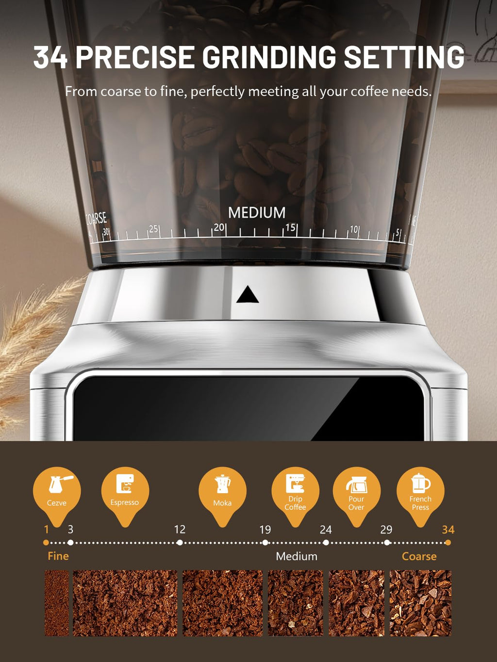 Conical Burr Coffee Grinder with Touch Screen 34 Grind B184865