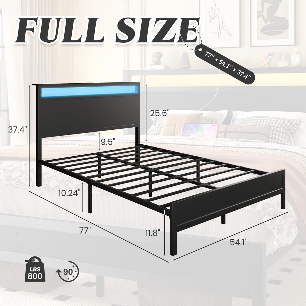 Full Bed Frame with Headboard, Footboard, Charging Station, LED Light, Storage Shelf, Black H82082
