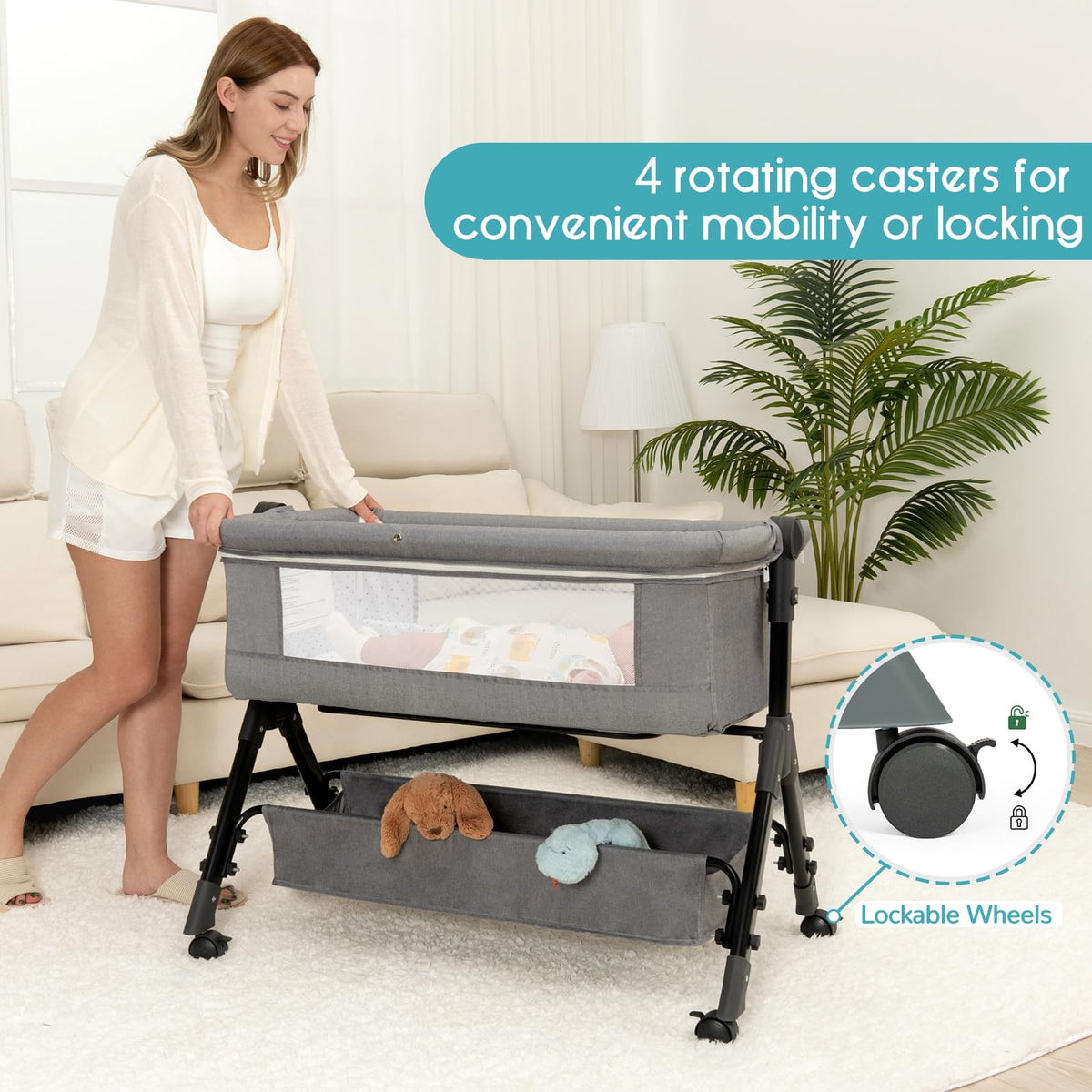 3 in 1 Adjustable Baby Bassinet with Wheels and Storage Basket C553