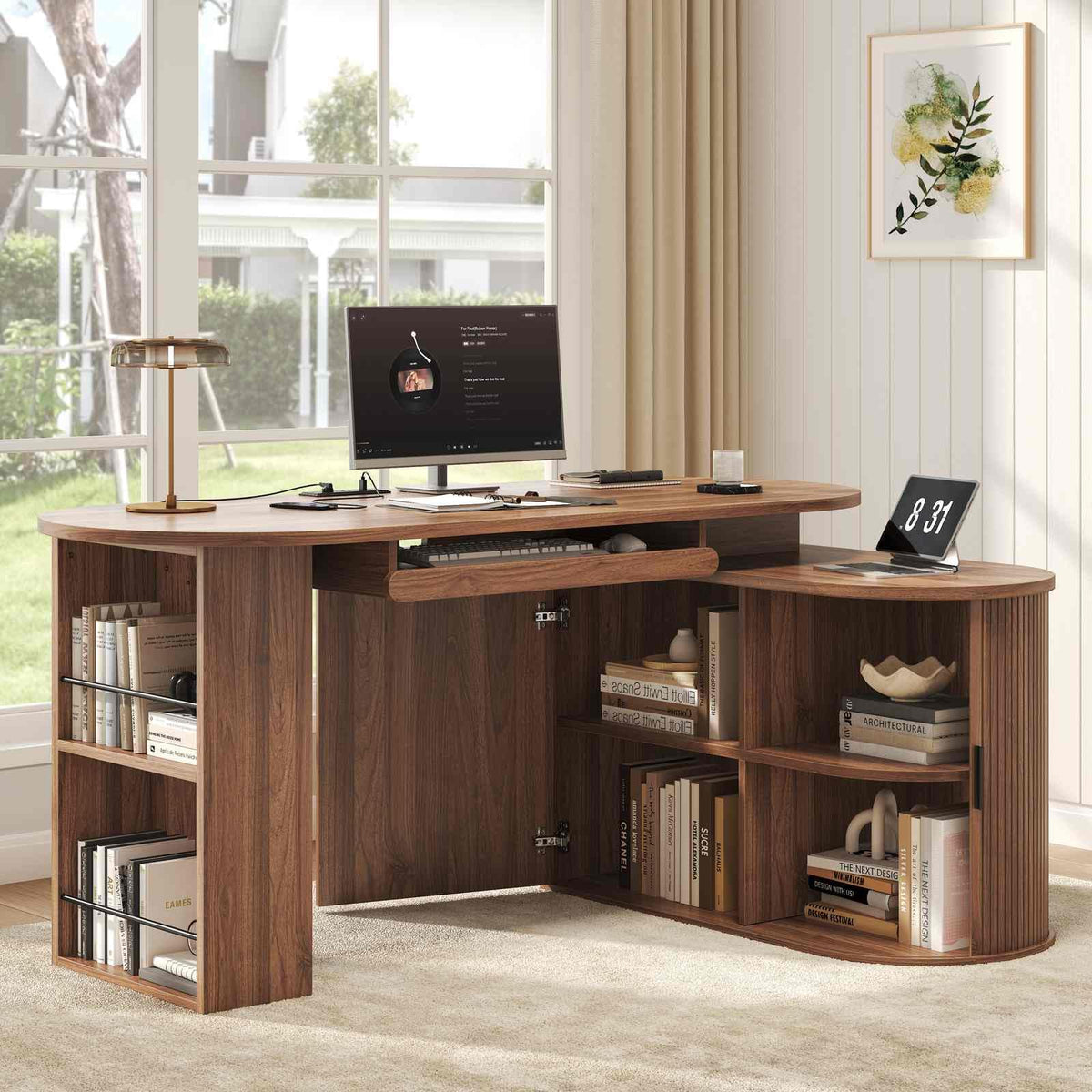 L Shaped Corner Desk with Storage Cabinet Walnut 60 Inch I5378