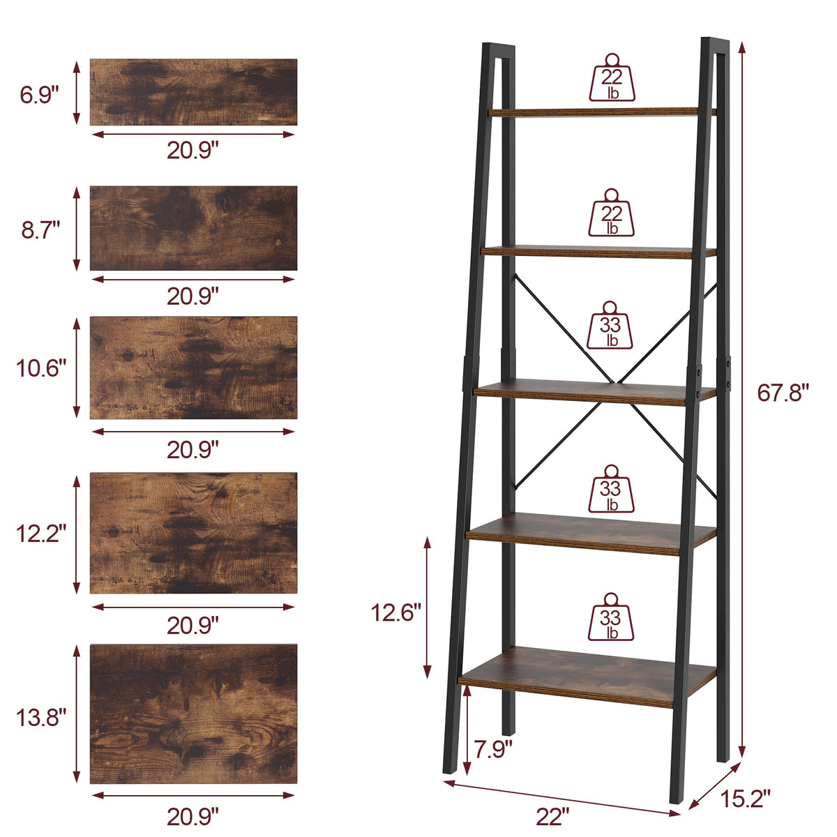 5-Tier Ladder Bookshelf with Metal Frame B97632