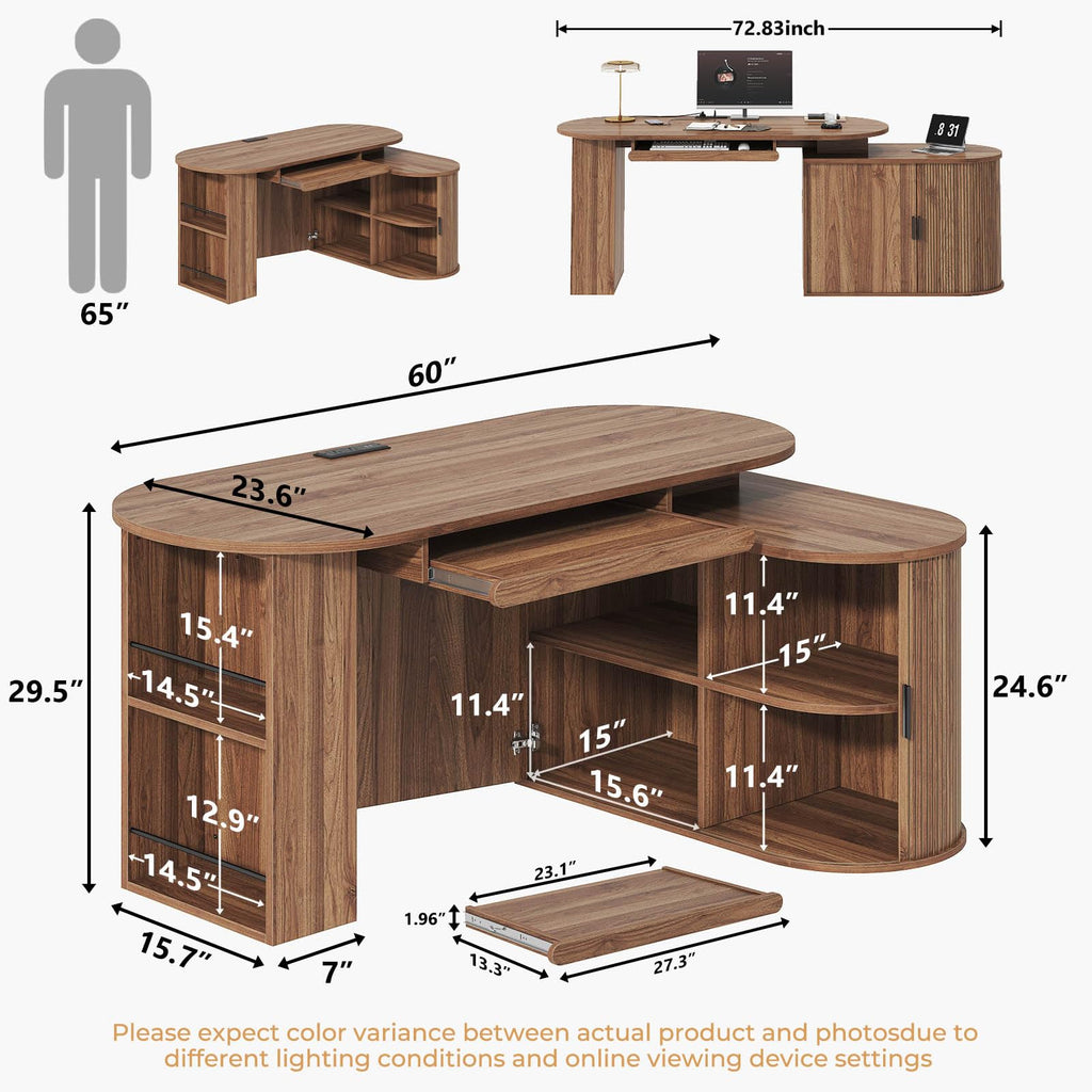 L Shaped Corner Desk with Storage Cabinet Walnut 60 Inch I5378
