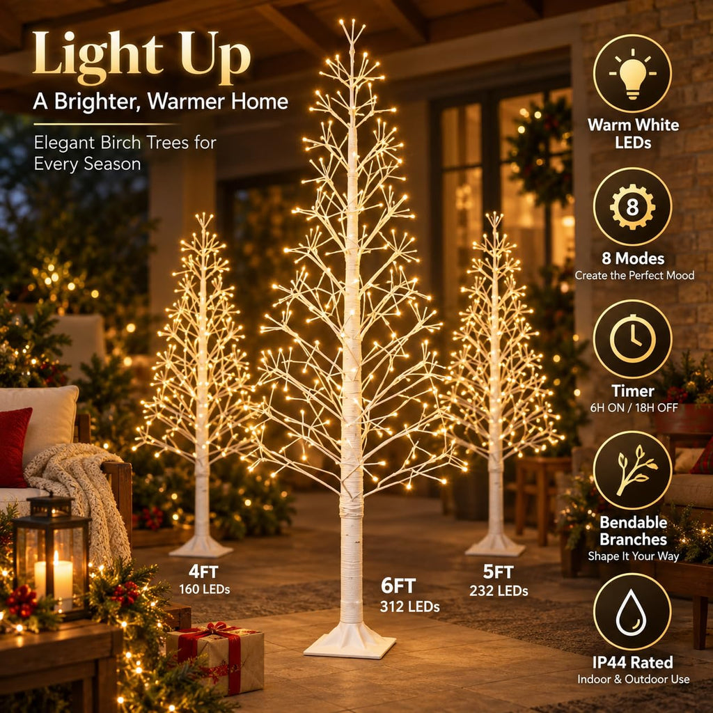 6FT Lighted Birch Tree, 312 LEDs, Warm White Z57289