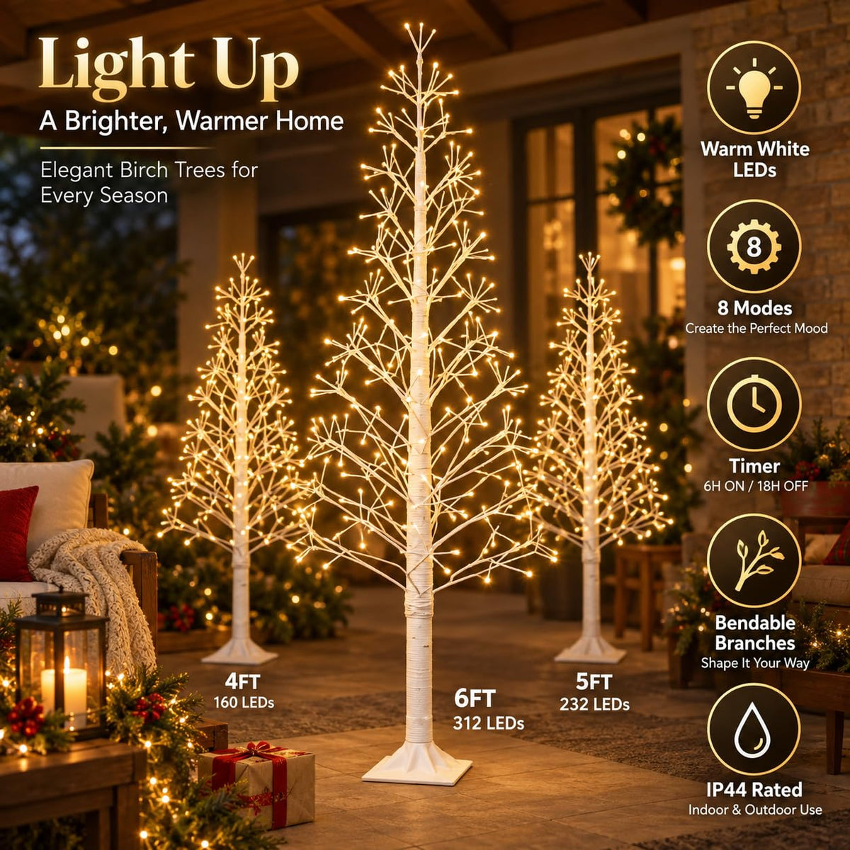 6FT Lighted Birch Tree, 312 LEDs, Warm White Z57289