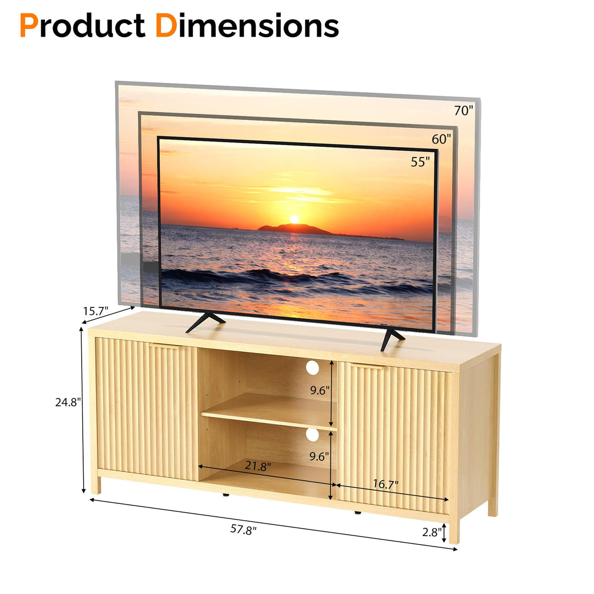 57.8" Oak TV Stand for 70 Inch TV with Adjustable Shelves and Cabinet Storage N8003