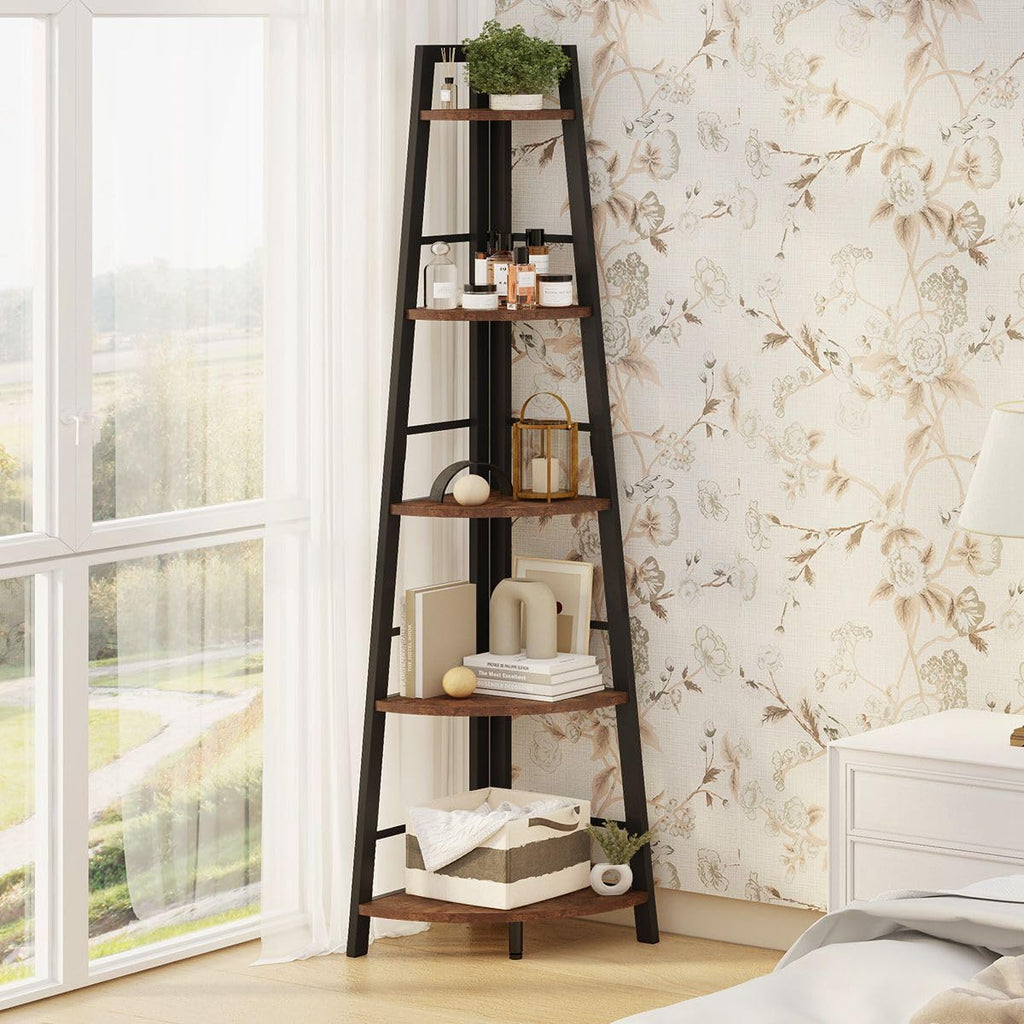 5-Tier Black Metal Wood Corner Bookshelf X3240
