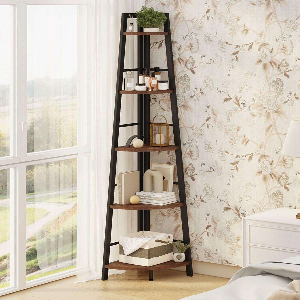5-Tier Black Metal Wood Corner Bookshelf X3240