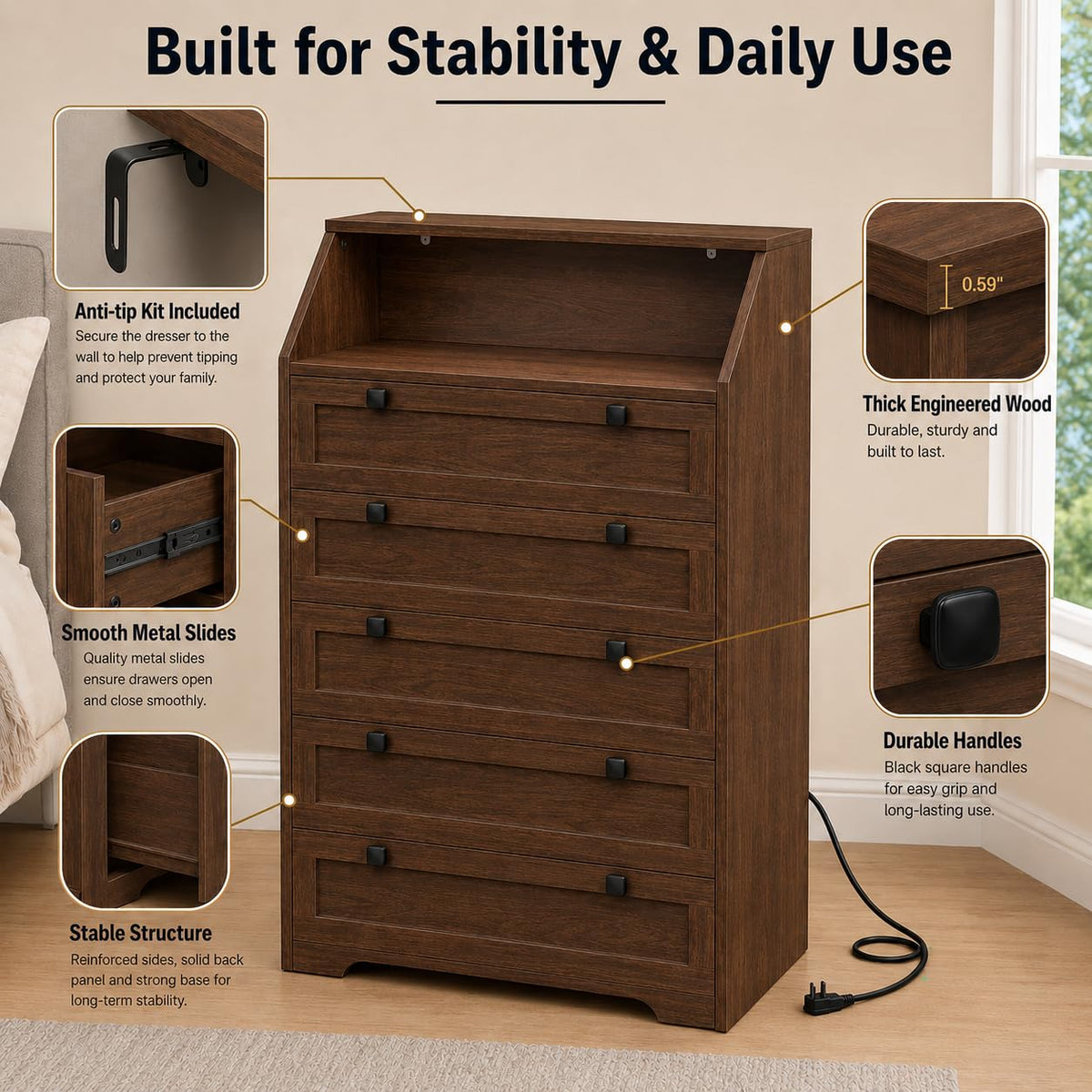 Walnut 5 Drawer Dresser K5597