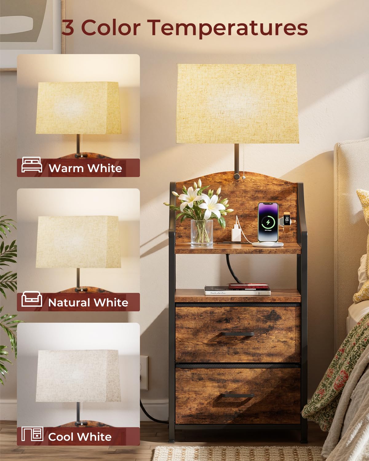 45" Tall Nightstand with Charging Station & Light M502