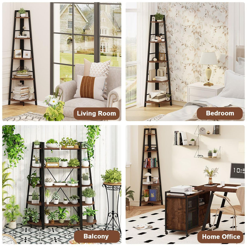 5-Tier Black Metal Wood Corner Bookshelf X3240