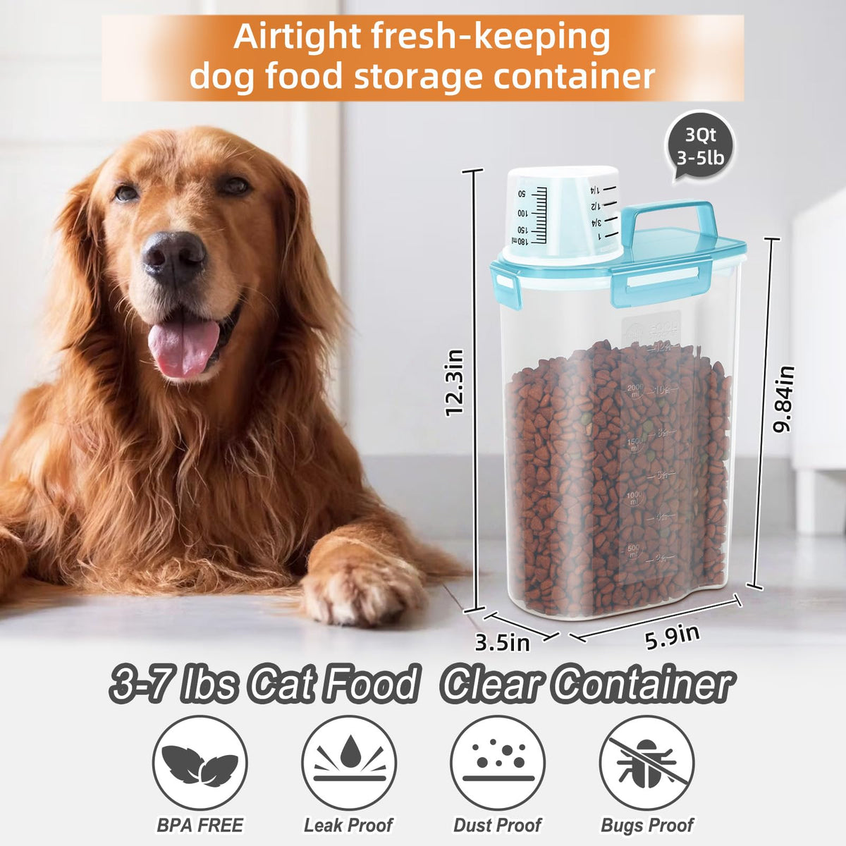 3-5Lbs/3Qt Plastic Pet Food Storage Container with Foldable Bowl J980