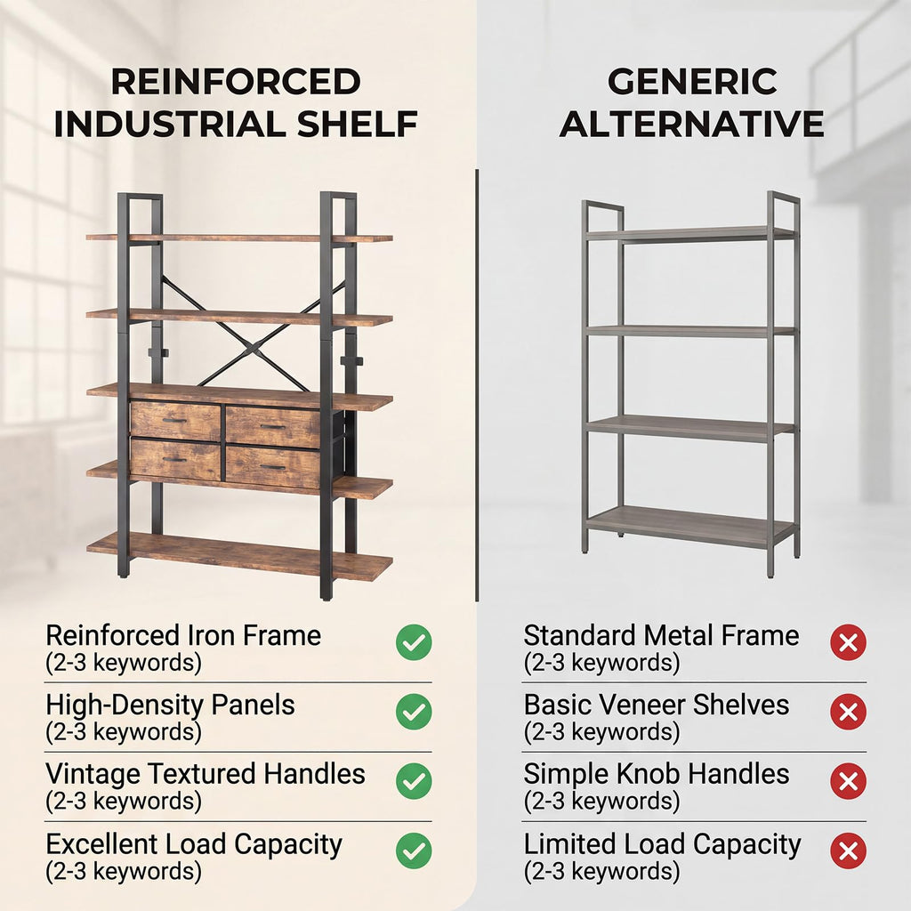 5-Tier Wood and Metal Bookshelf with 4 Fabric Drawers N102