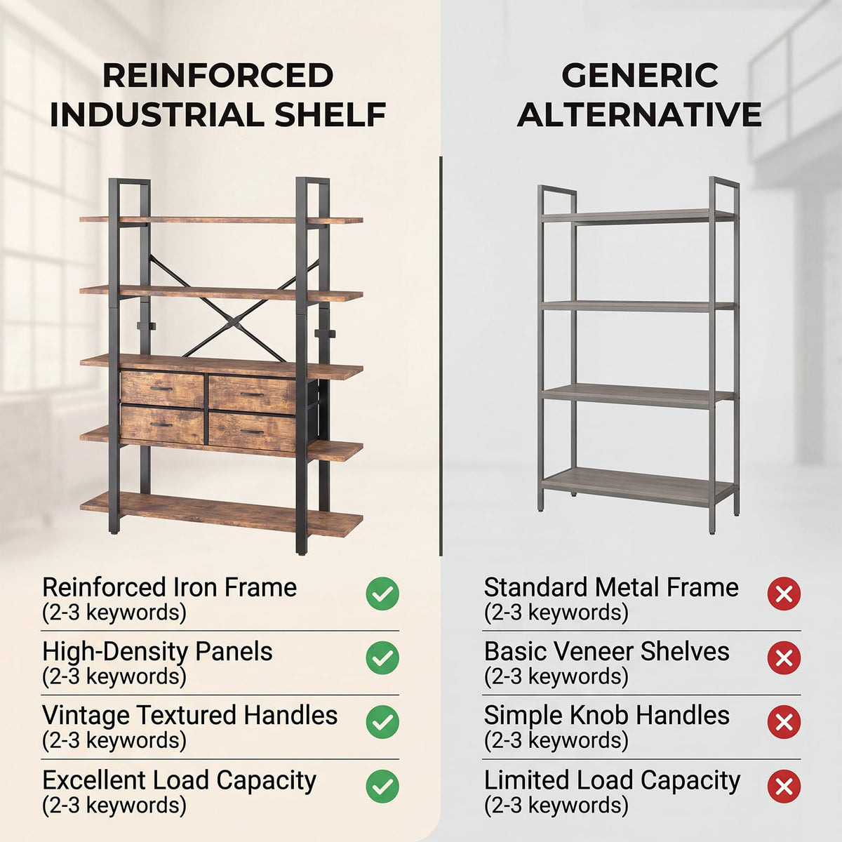 5-Tier Wood and Metal Bookshelf with 4 Fabric Drawers N102