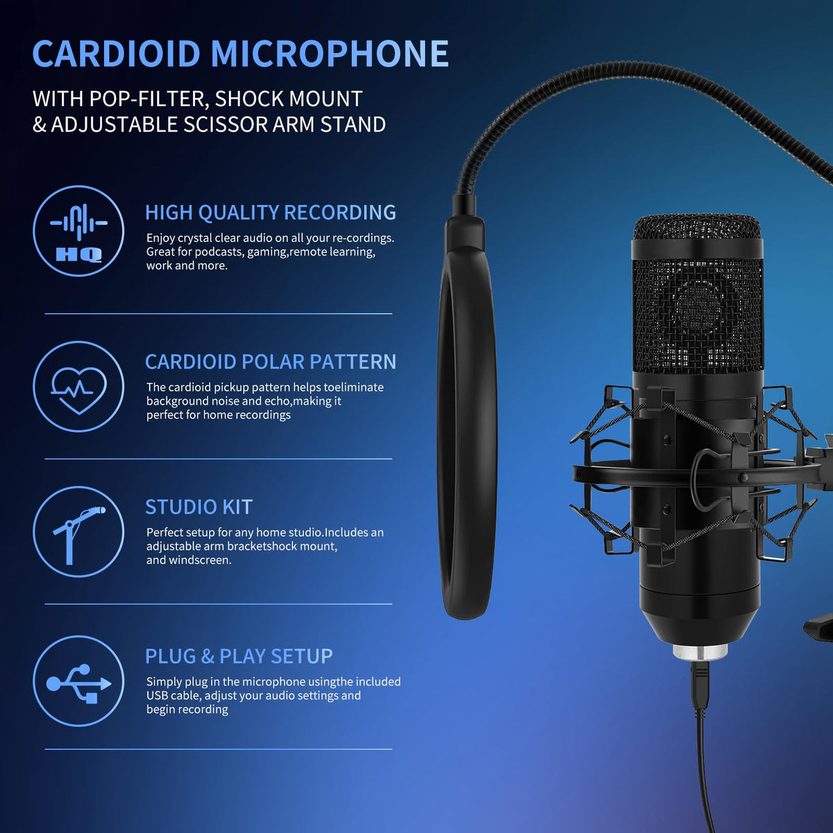 USB Condenser Microphone Kit with Boom Arm Stand D55020