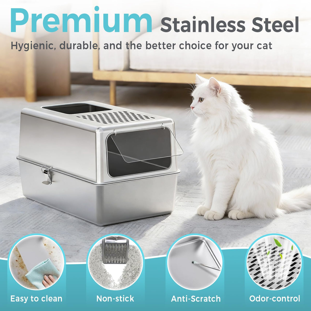 Enclosed Stainless Steel Cat Litter Box with Lid C38416