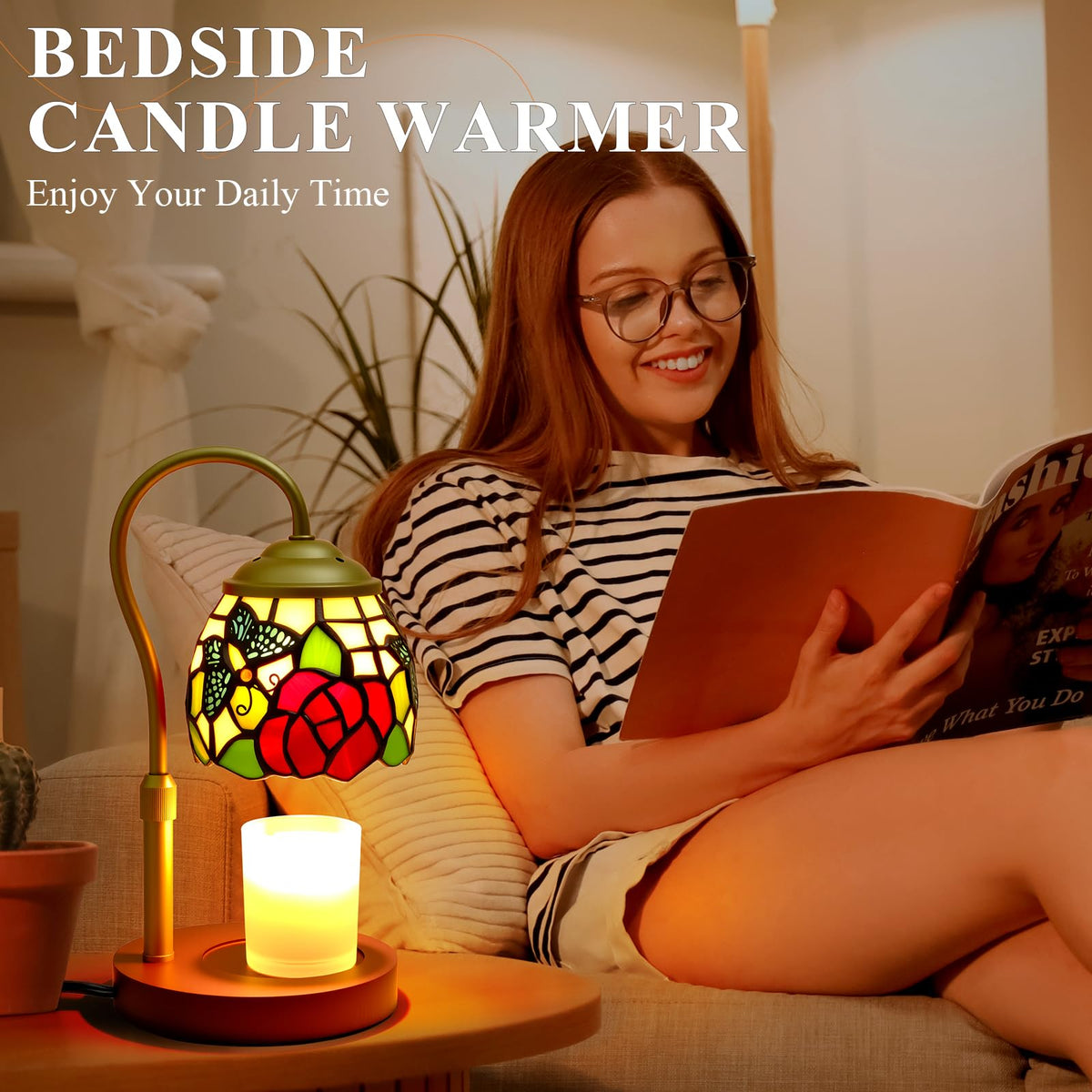 Candle Warmer Lamp with Timer Dimmer, Stained Glass, 2 Bulbs Y47350
