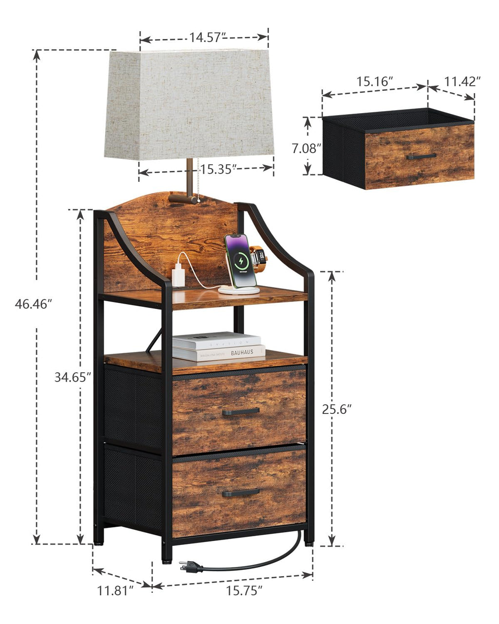 45" Tall Nightstand with Charging Station & Light M502