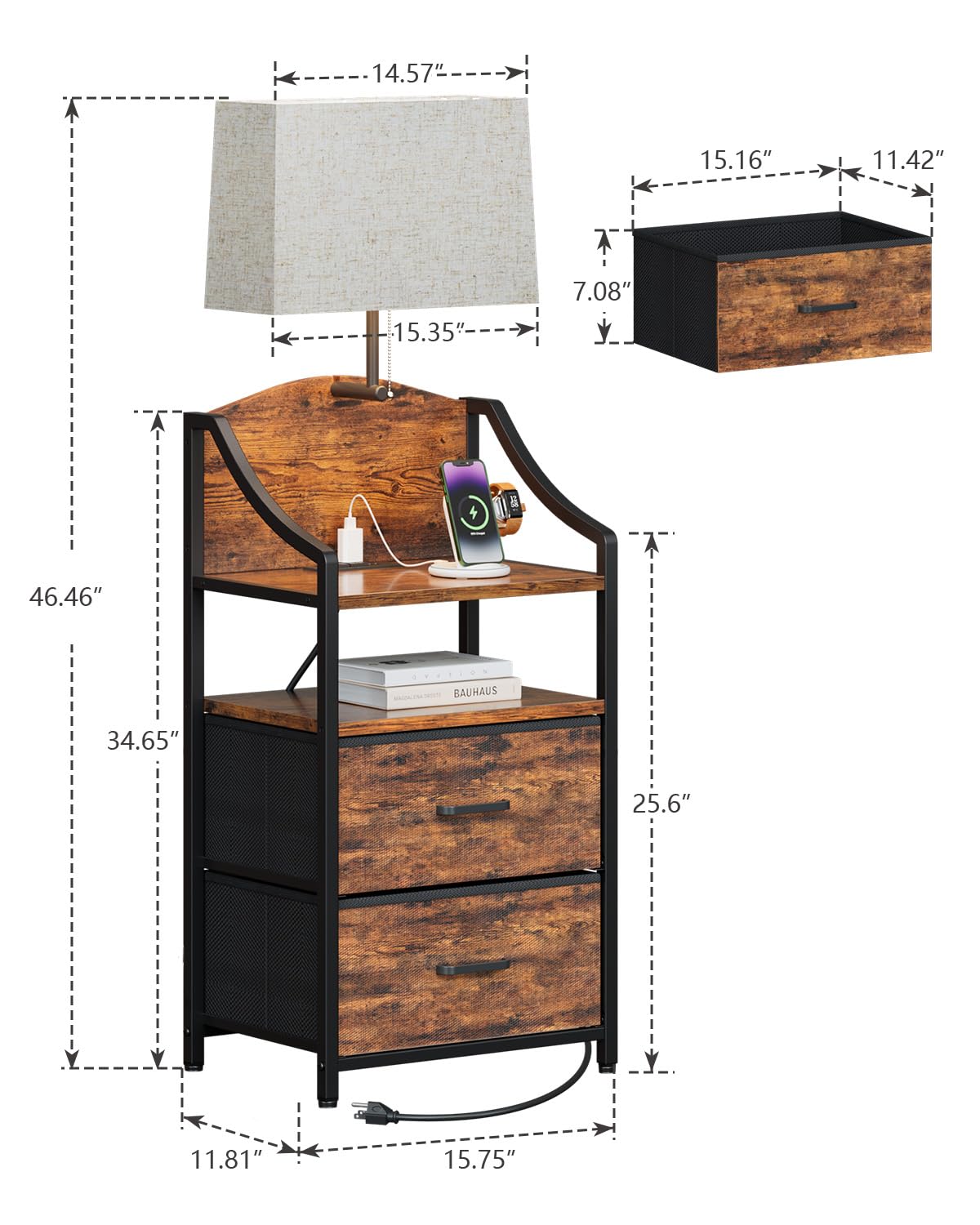45" Tall Nightstand with Charging Station & Light M502