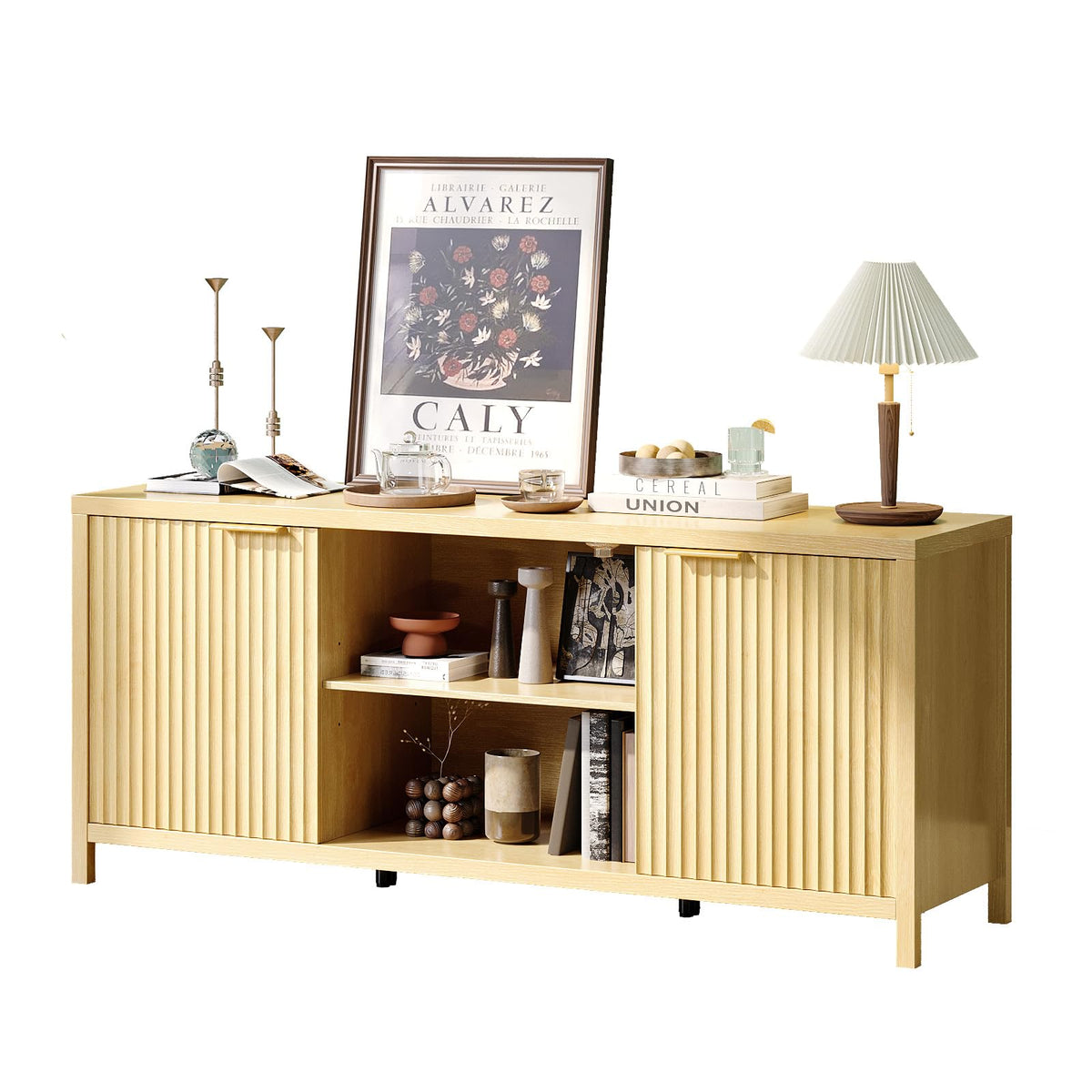57.8" Oak TV Stand for 70 Inch TV with Adjustable Shelves and Cabinet Storage N8003