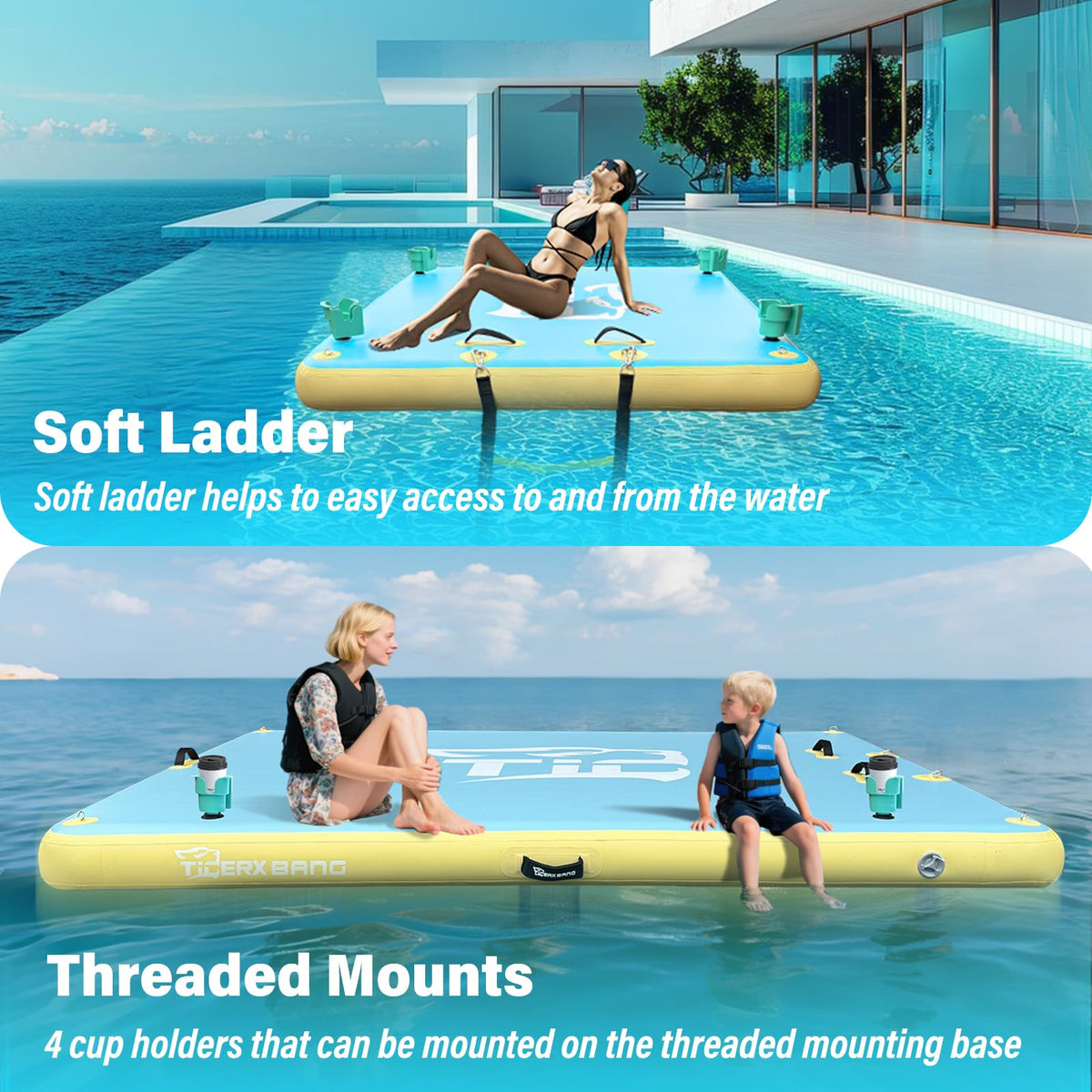 Inflatable Dock Floating Platform with Cup Holders 6x5ft A115365