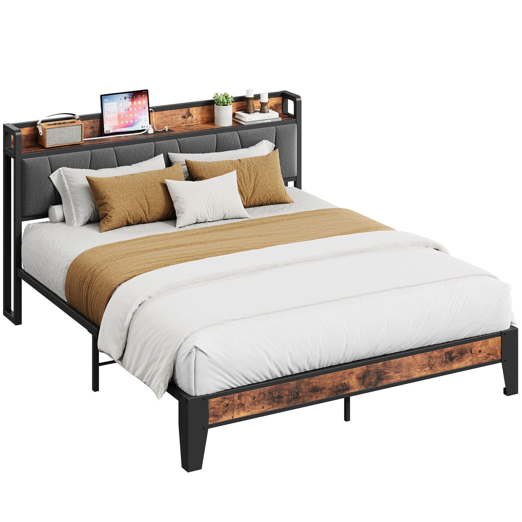 Queen Size Bed Frame with Storage Headboard and Charging Station V90935