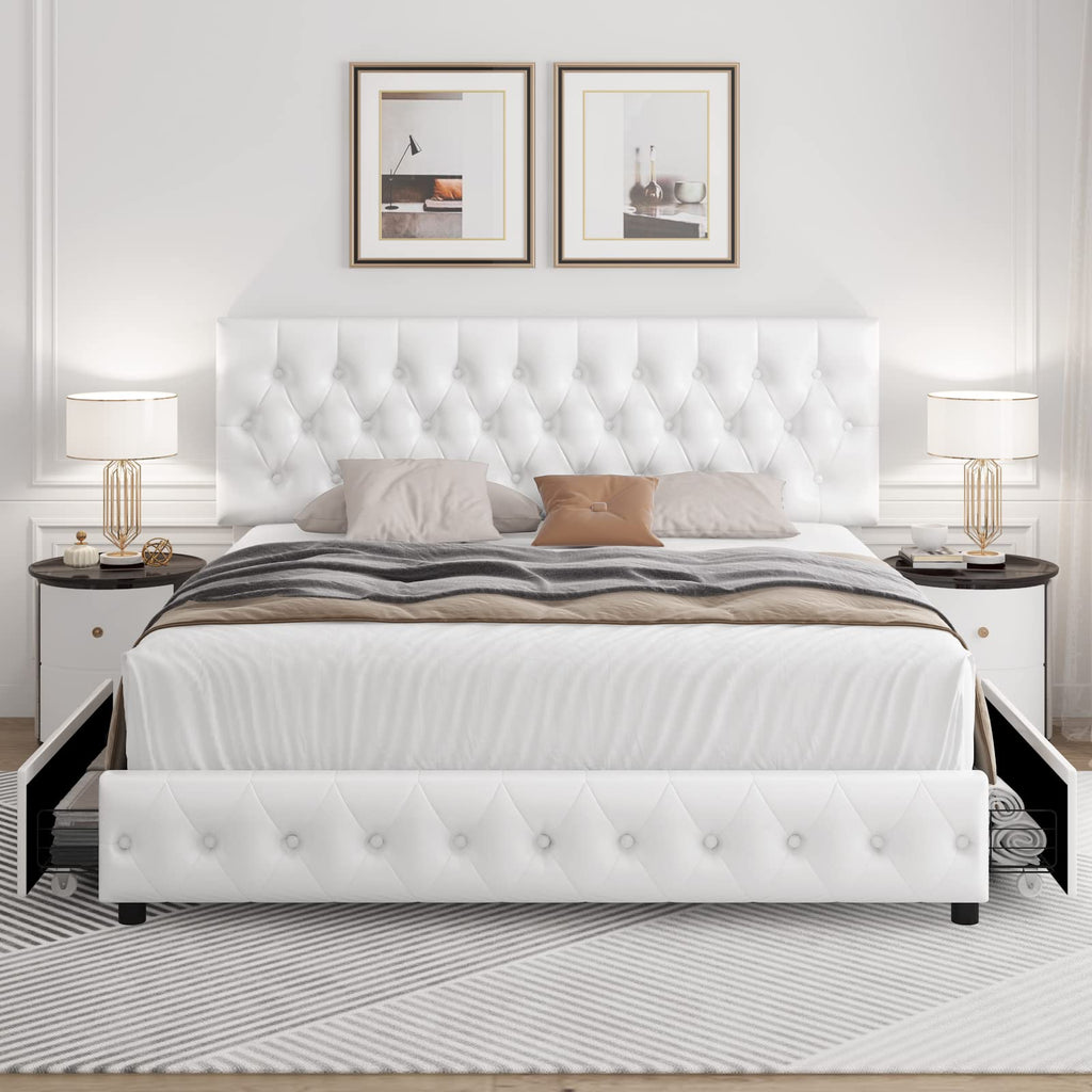 Full Size White Faux Leather Upholstered Platform Bed Frame with 4 Storage Drawers A9940