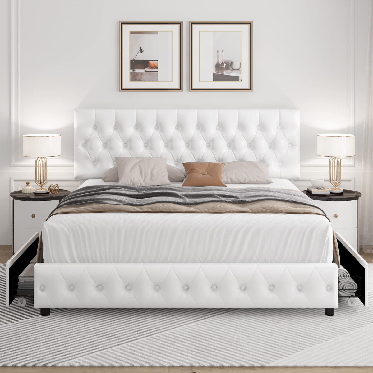 Full Size White Faux Leather Upholstered Platform Bed Frame with 4 Storage Drawers A9940