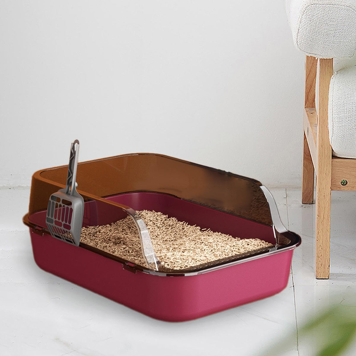 Open Top Sifting Litter Box High Sided Portable Semi Enclosed Pink F267