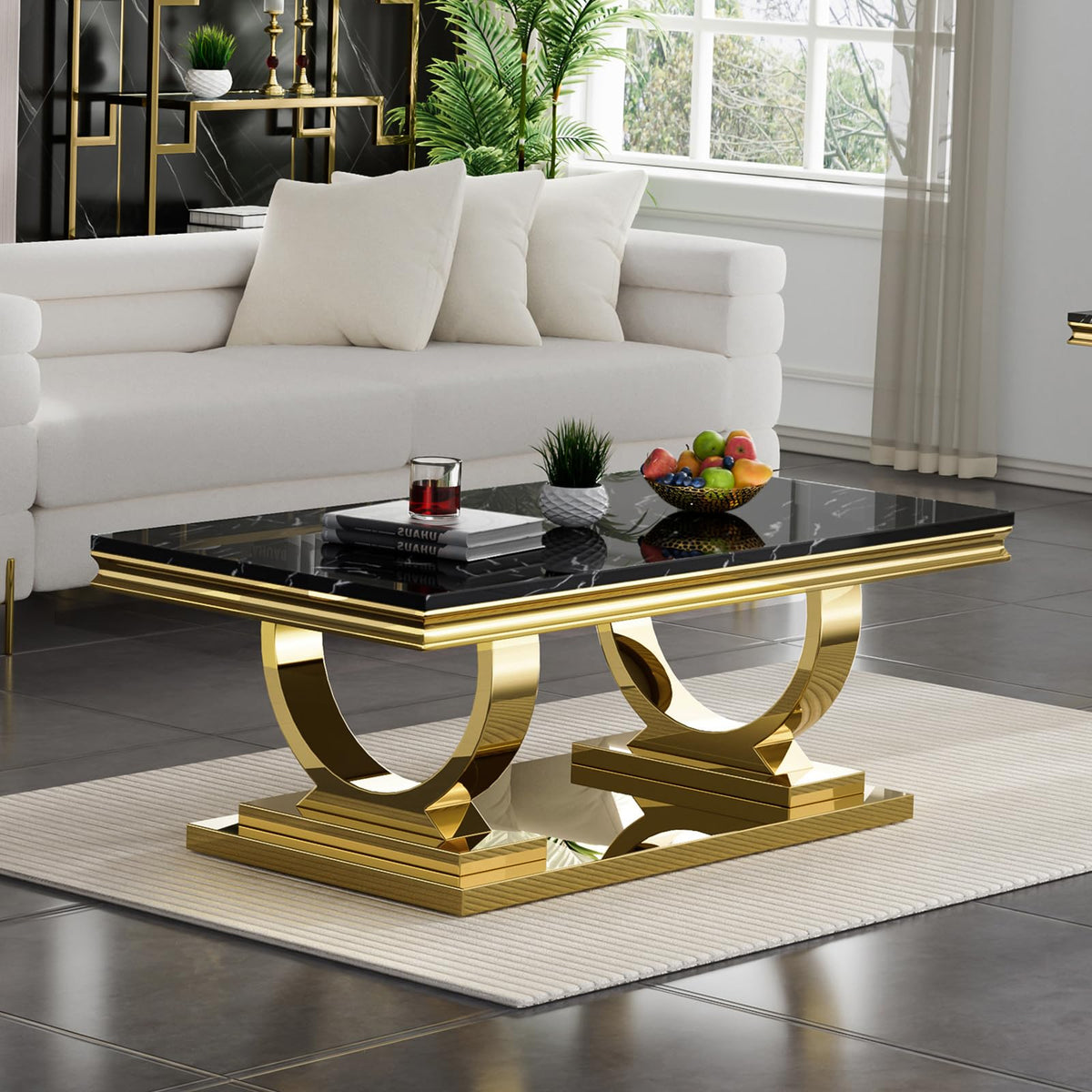 47" Black Faux Marble Coffee Table with Gold Pedestal Base X711775