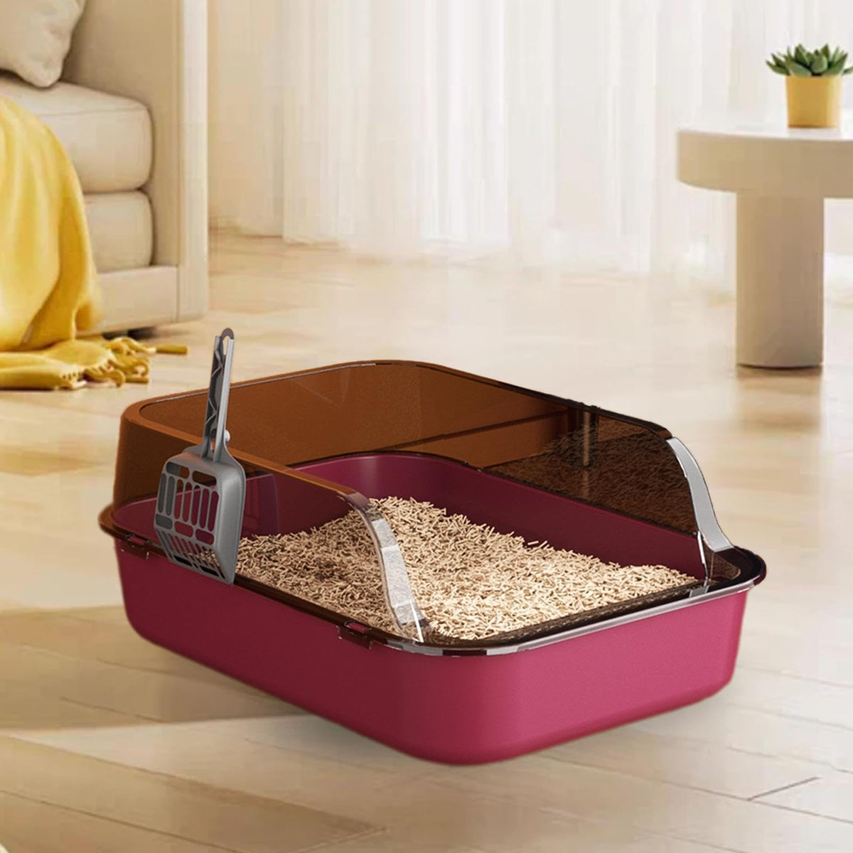 Open Top Sifting Litter Box High Sided Portable Semi Enclosed Pink F267