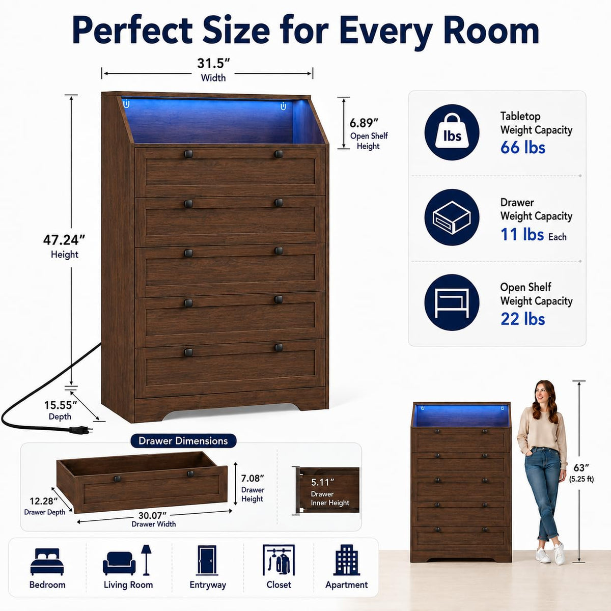 Walnut 5 Drawer Dresser K5597