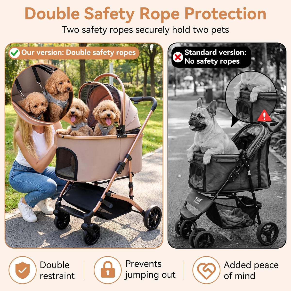 Khaki 3-in-1 Pet Stroller with Detachable Carrier S313483